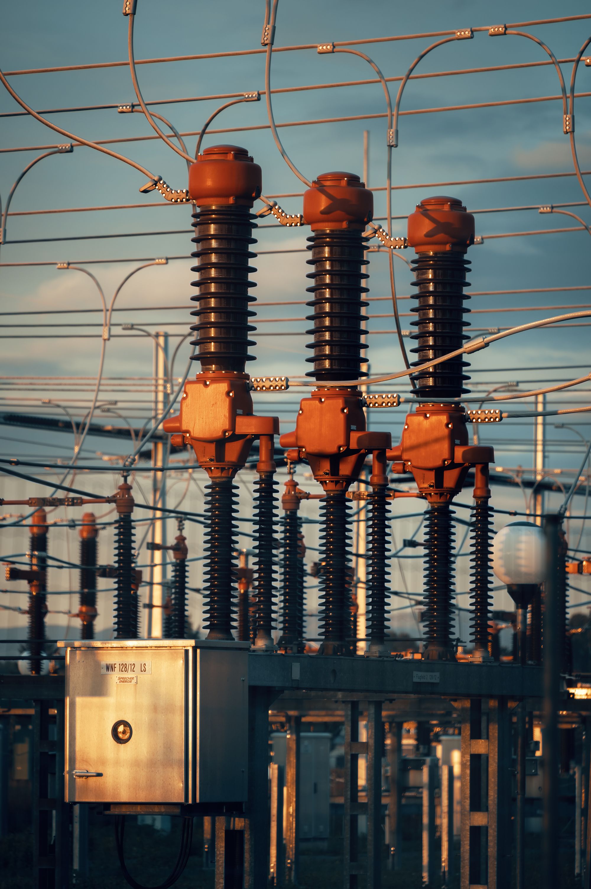 Substation insulators and busbars at dusk