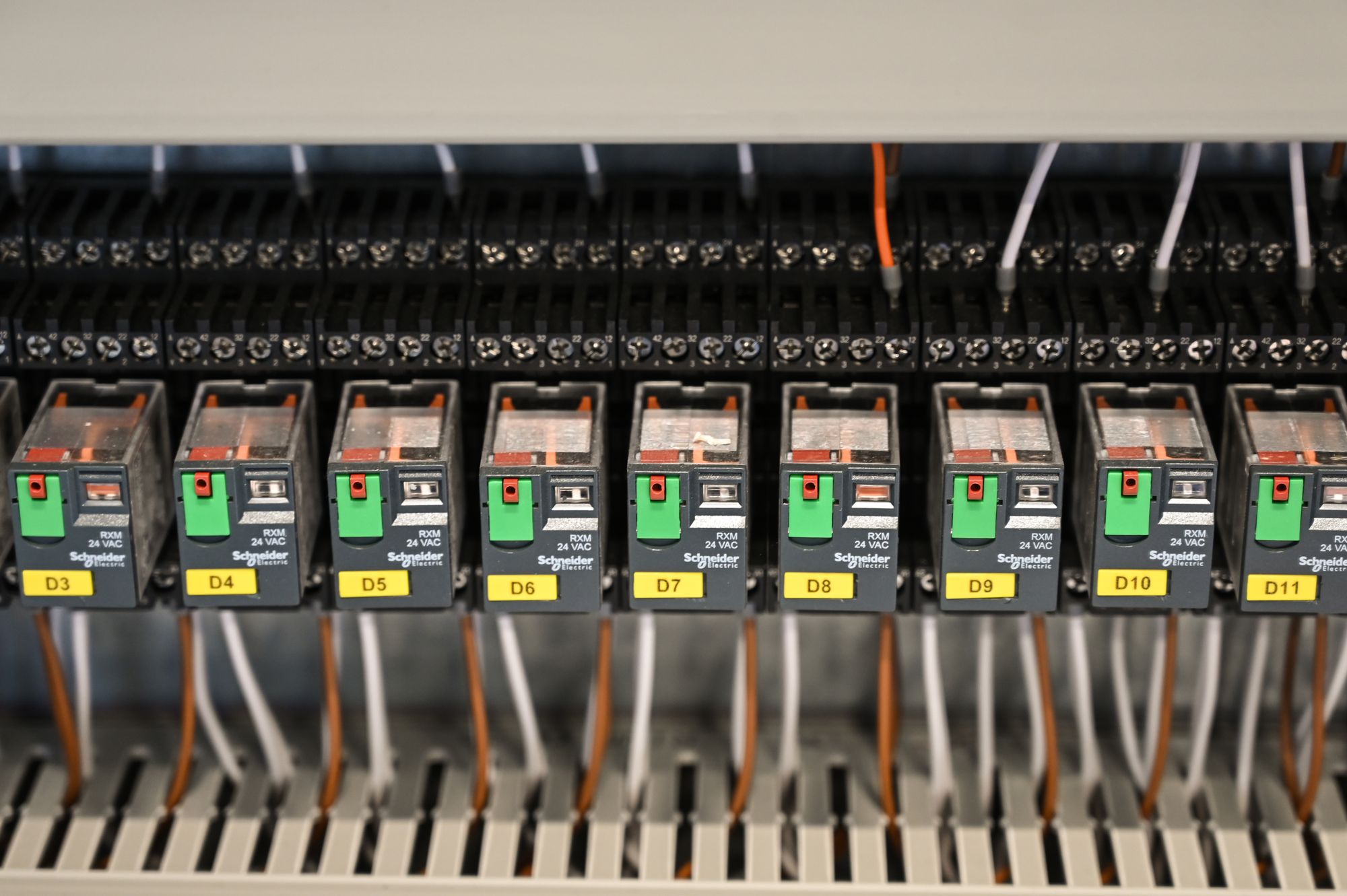 Terminal blocks and relays wired in a control panel