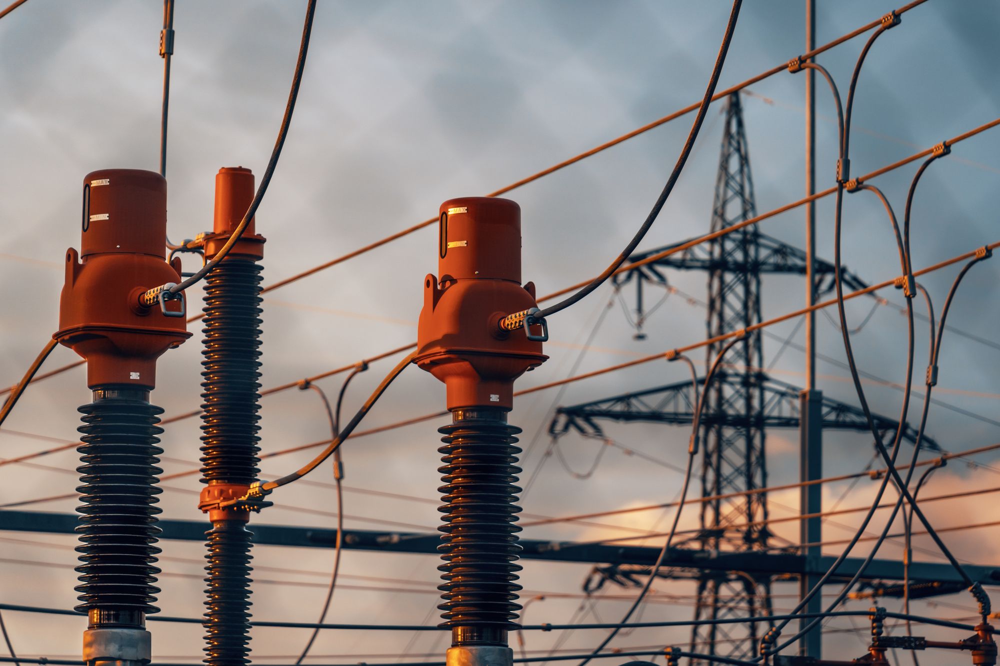 Electrical transmission infrastructure at dusk