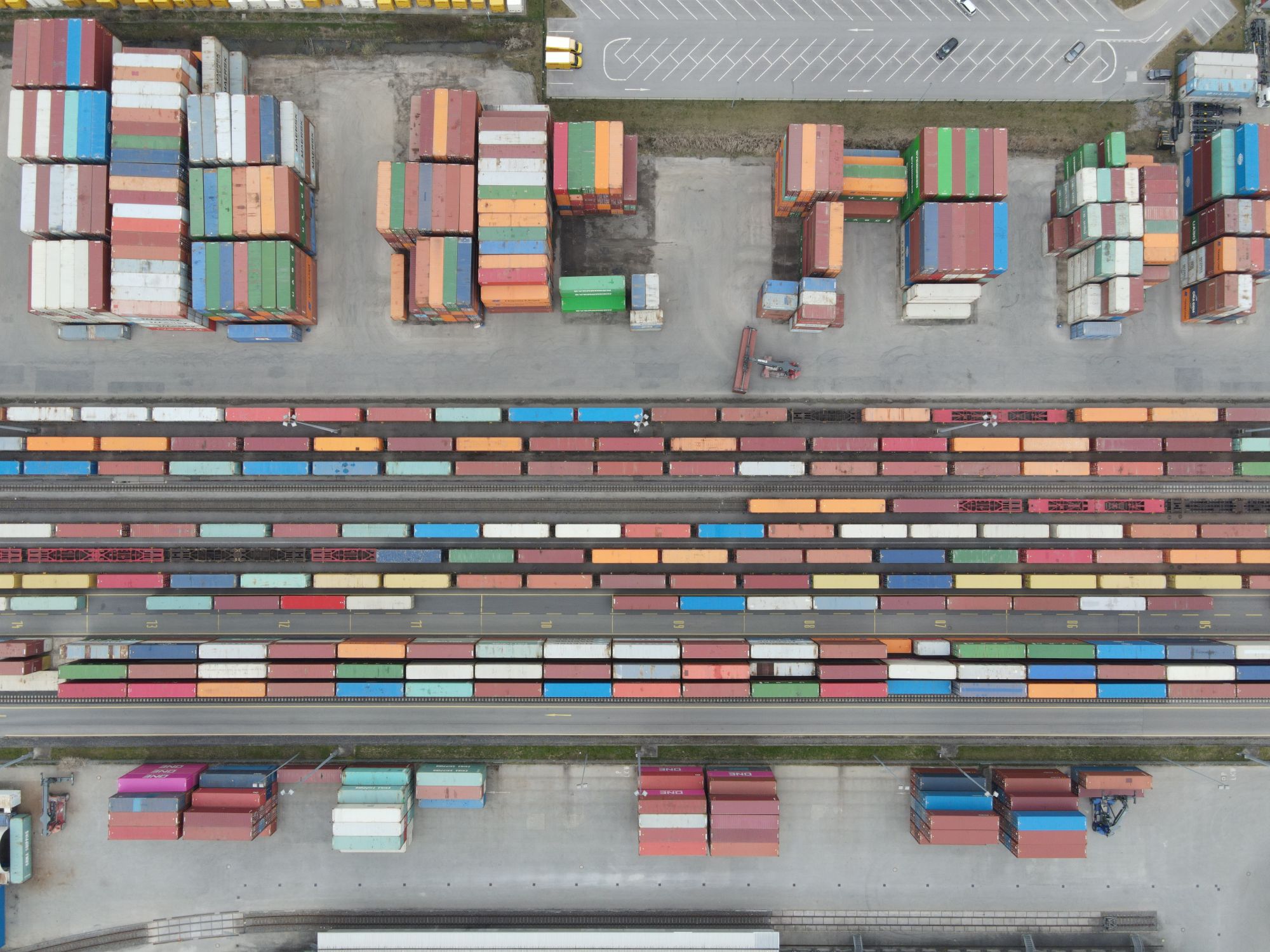Aerial view of stacked shipping containers